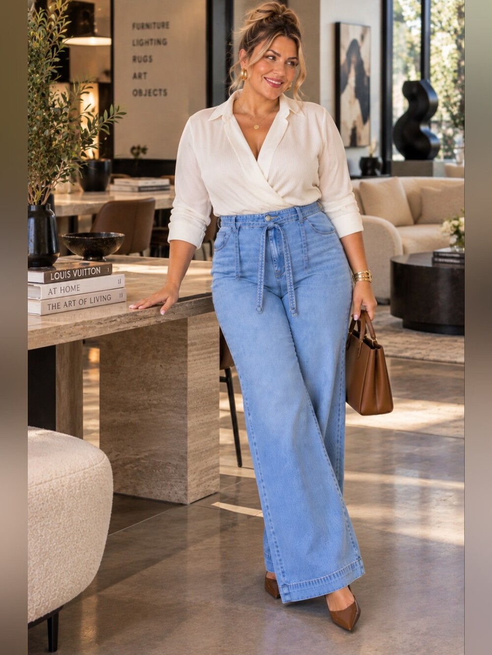 NWT DKNY Jeans High Rise Wide Leg Trouser Jeans 14/32 Light Wash Quiet Luxury - Picture 6 of 10